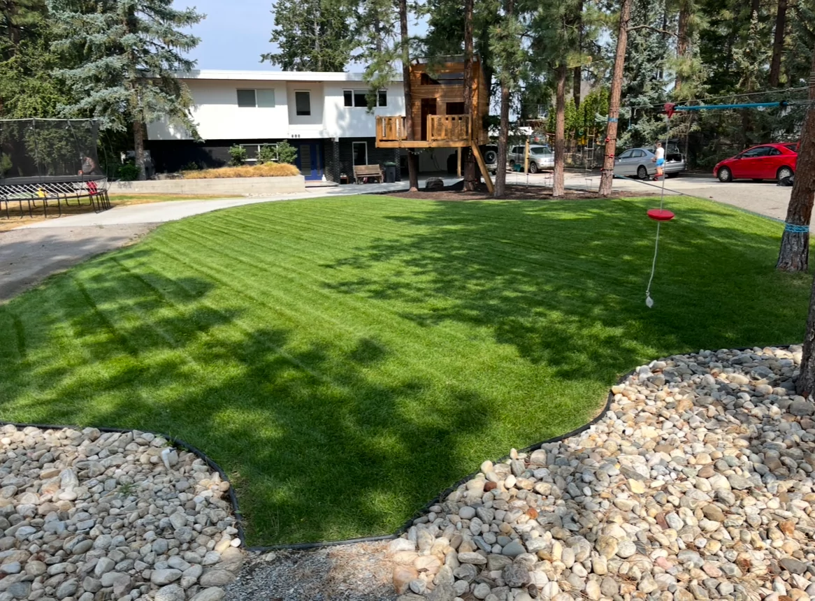landscape and yard, with a bed of rocks and green grass